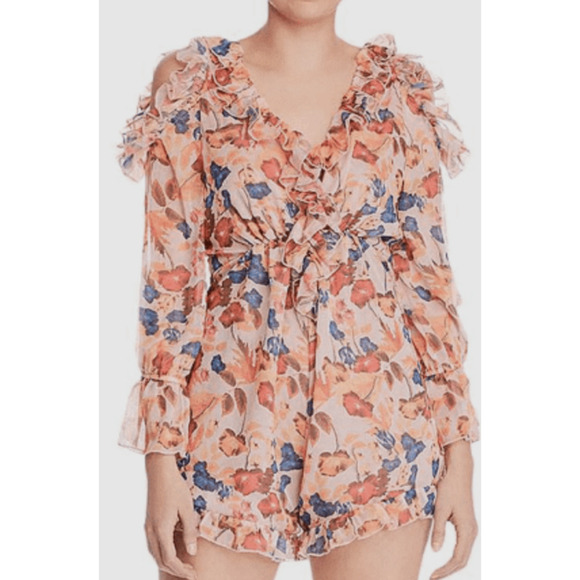 Aqua Pink Floral Cold Shoulder Butterfly Ruffle Open Back Romper • Size M 🗣 - Picture 1 of 4